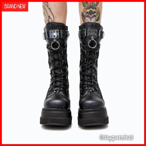 Women's Platform Combat Boots Chunky Heel Mid Calf Motorcycle Boots - Picture 2 of 6